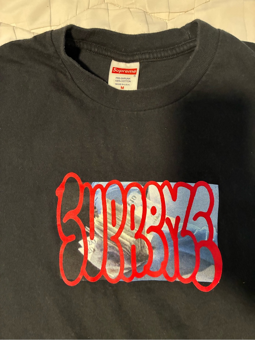 Supreme Black Tee with Red Bubble Script and Blue Photo Block